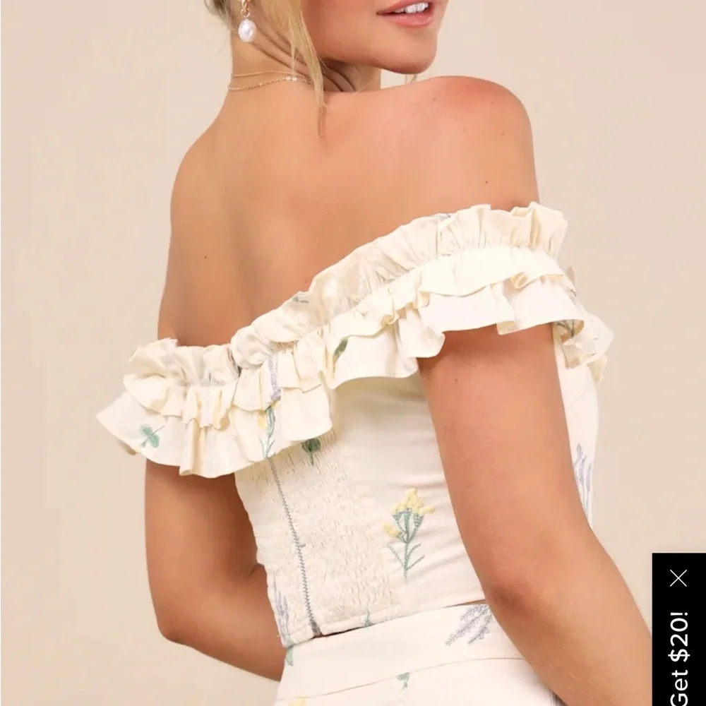 Lulus Rowena Cream Embroidered Ruffled Crop Top - Picture 6 of 6